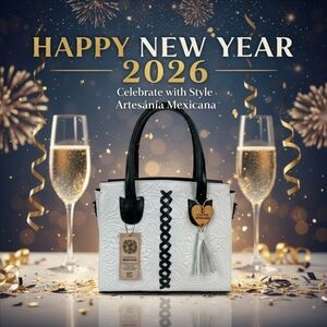 Floral White & Black Cross Stitch Embossed Tooled Artisan LEATHER Bag Purse Tote